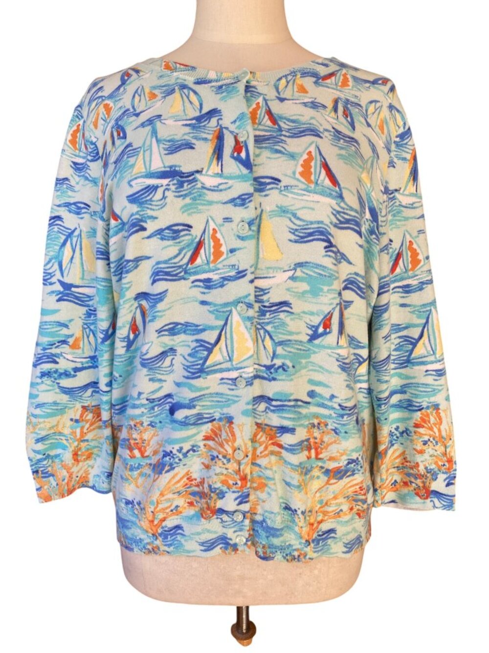 Talbots Scenic Sailboat Coastal Button Cardigan Light Blue Nautical Grandma-L